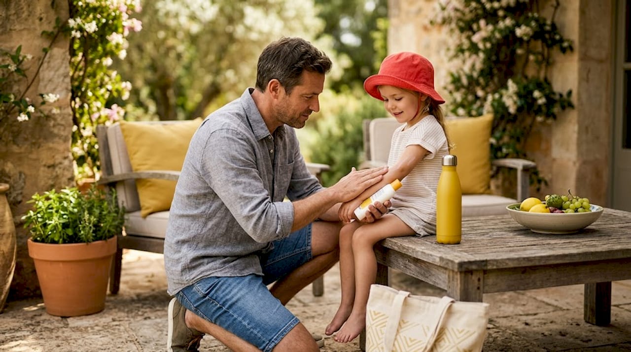 Dad applying sunscreen to child outdoors