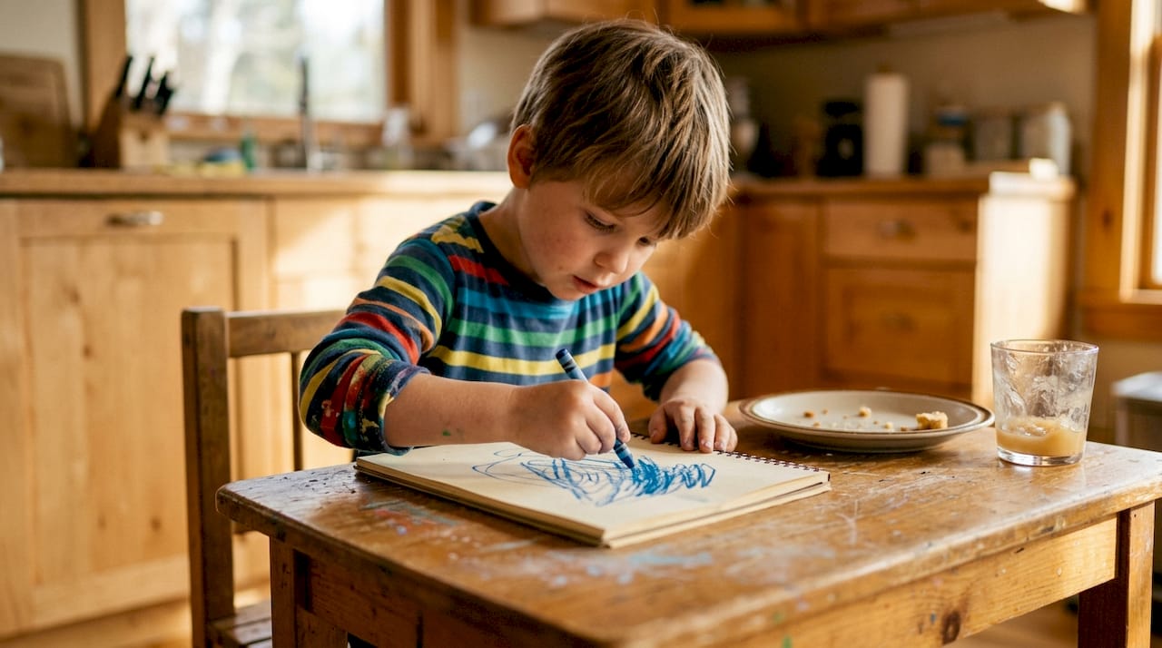 Un enfant colorie une feuille blanche avec une craie.