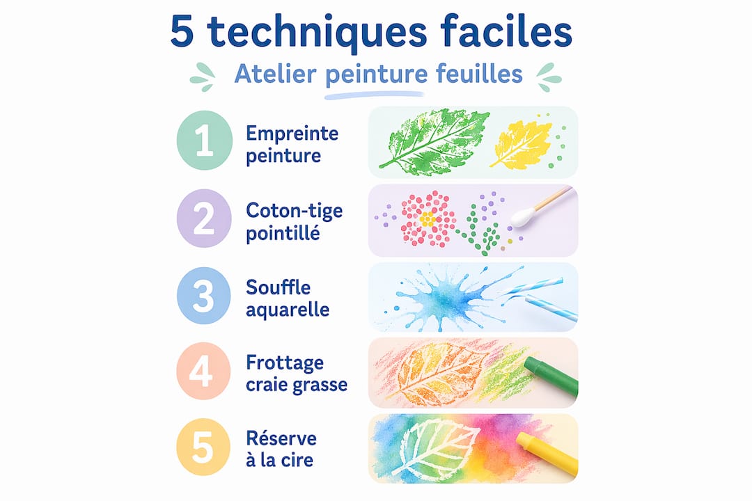 Les différentes étapes de notre atelier peinture sur feuilles, résumées en une infographie pratique