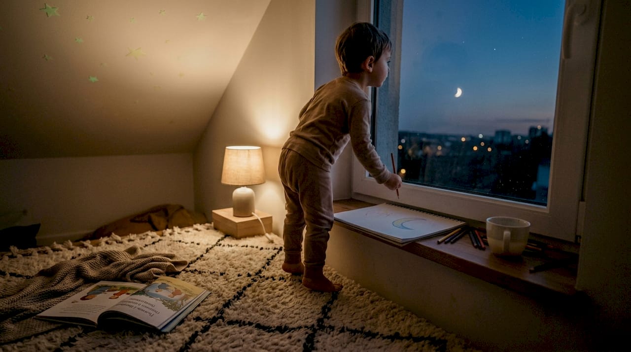 Un enfant dessine un croissant de lune sur la vitre de sa fenêtre, plongé dans ses rêves au cœur de la maison.