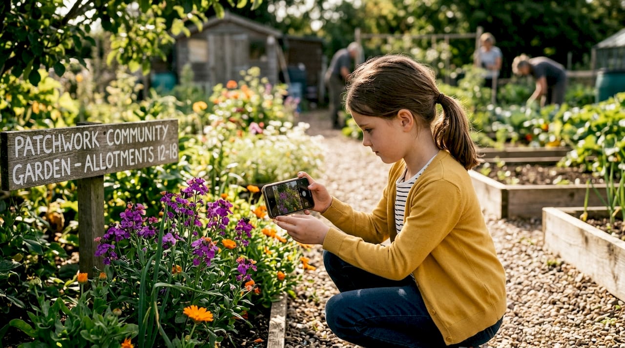 Child uses phone to identify garden plant