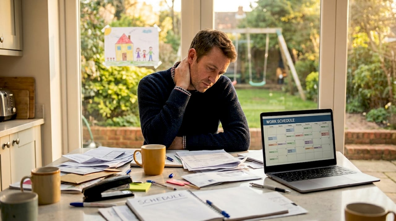 Parent experiencing burnout, juggling tasks