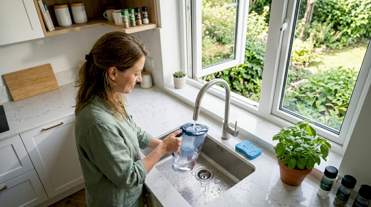 Une femme filtre de l’eau dans sa cuisine, veillant à la qualité de ce qu’elle consomme au quotidien.
