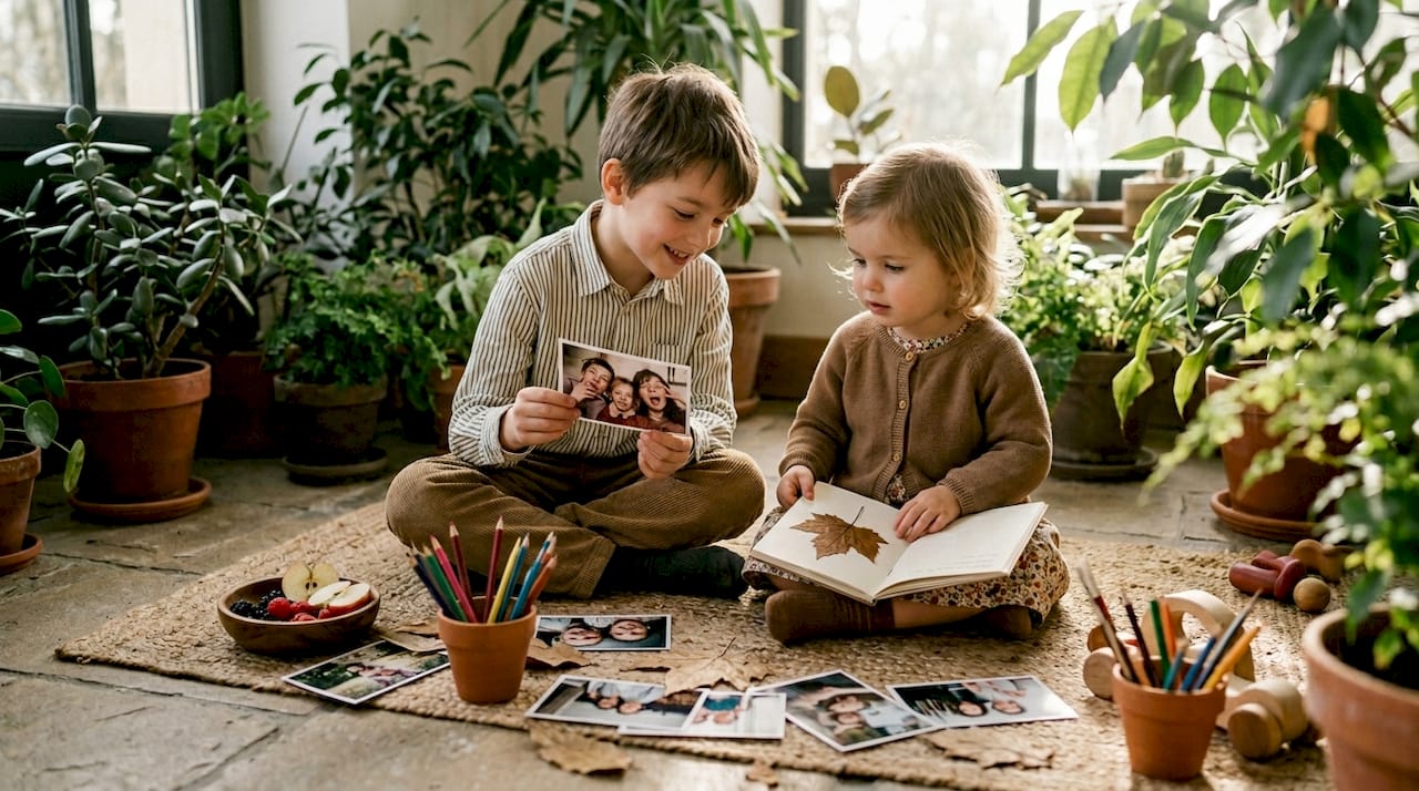 Des enfants sélectionnent des feuilles et des photos pour composer leur herbier.