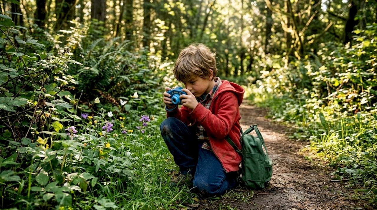 Un enfant s’amuse à prendre des photos au lever du jour, au cœur de la forêt.