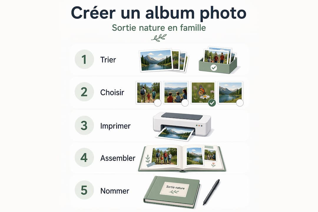 Visuel illustrant les différentes étapes pour réaliser un album photo nature avec les enfants