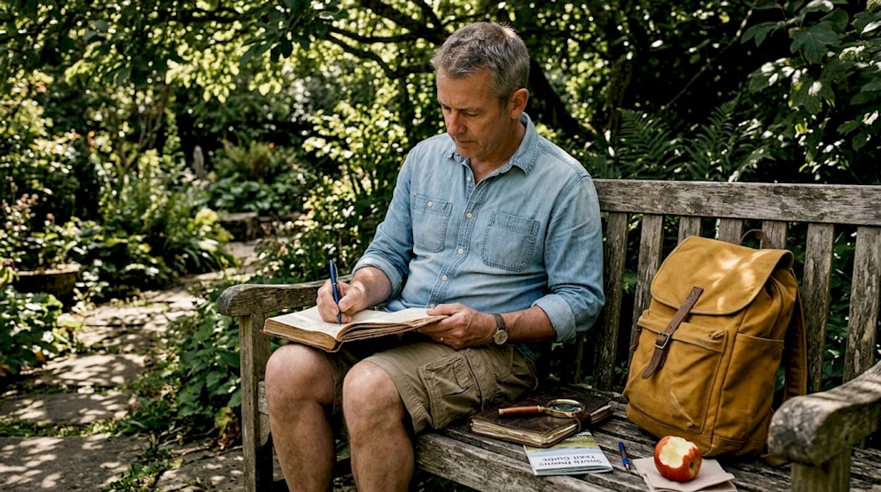 Man recording nature journal on park bench