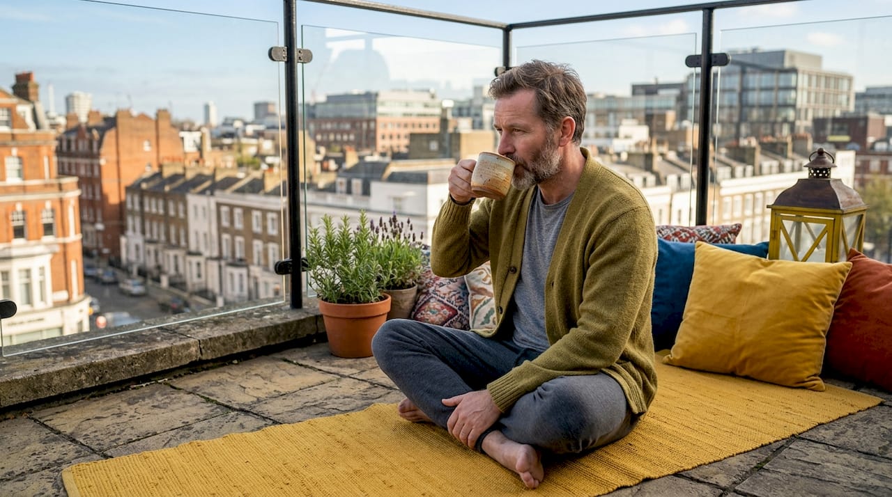 Man doing mindfulness on apartment balcony