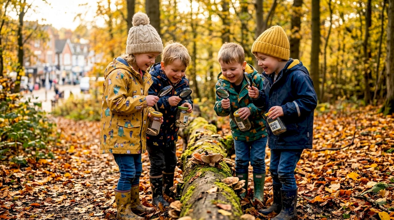 Children exploring autumn forest path