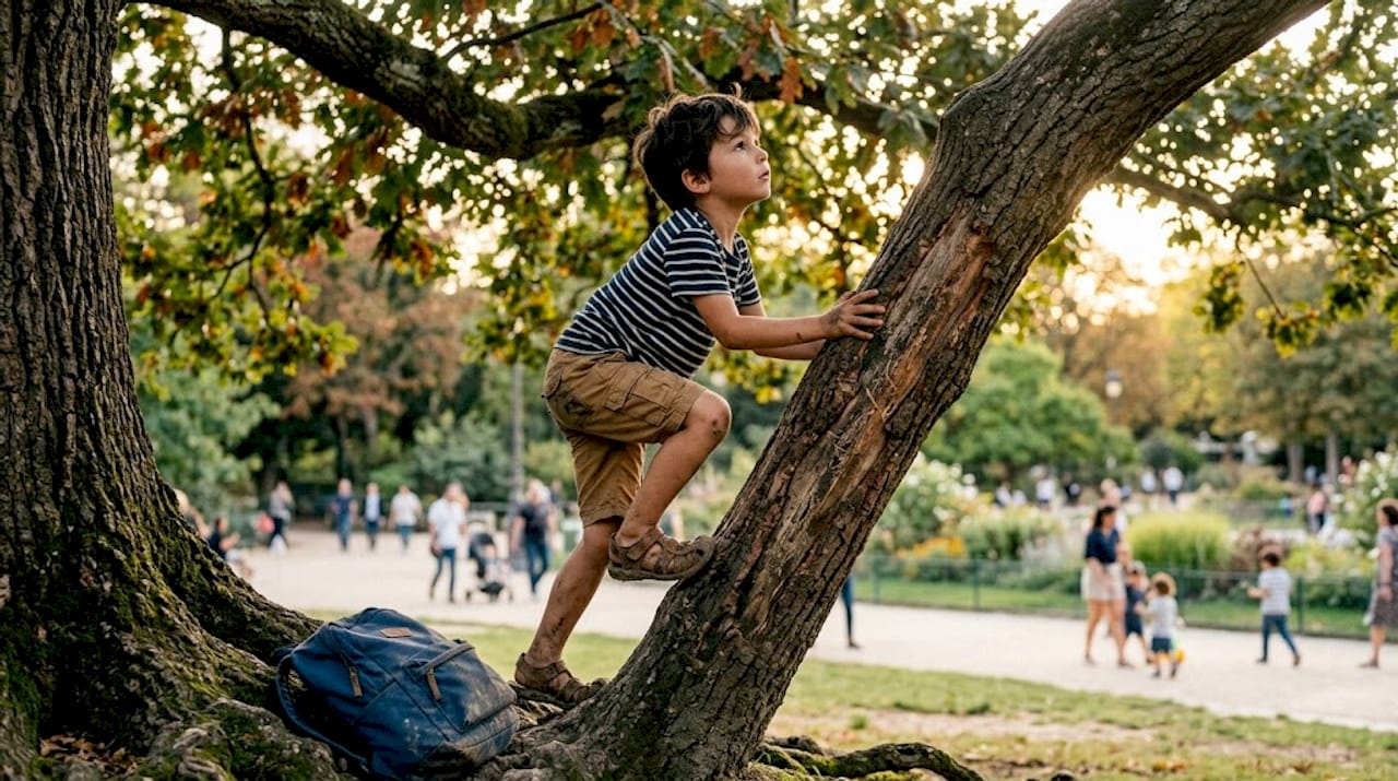 Un garçon s’amuse à grimper sur les branches d’un vieux chêne dans le parc du quartier.