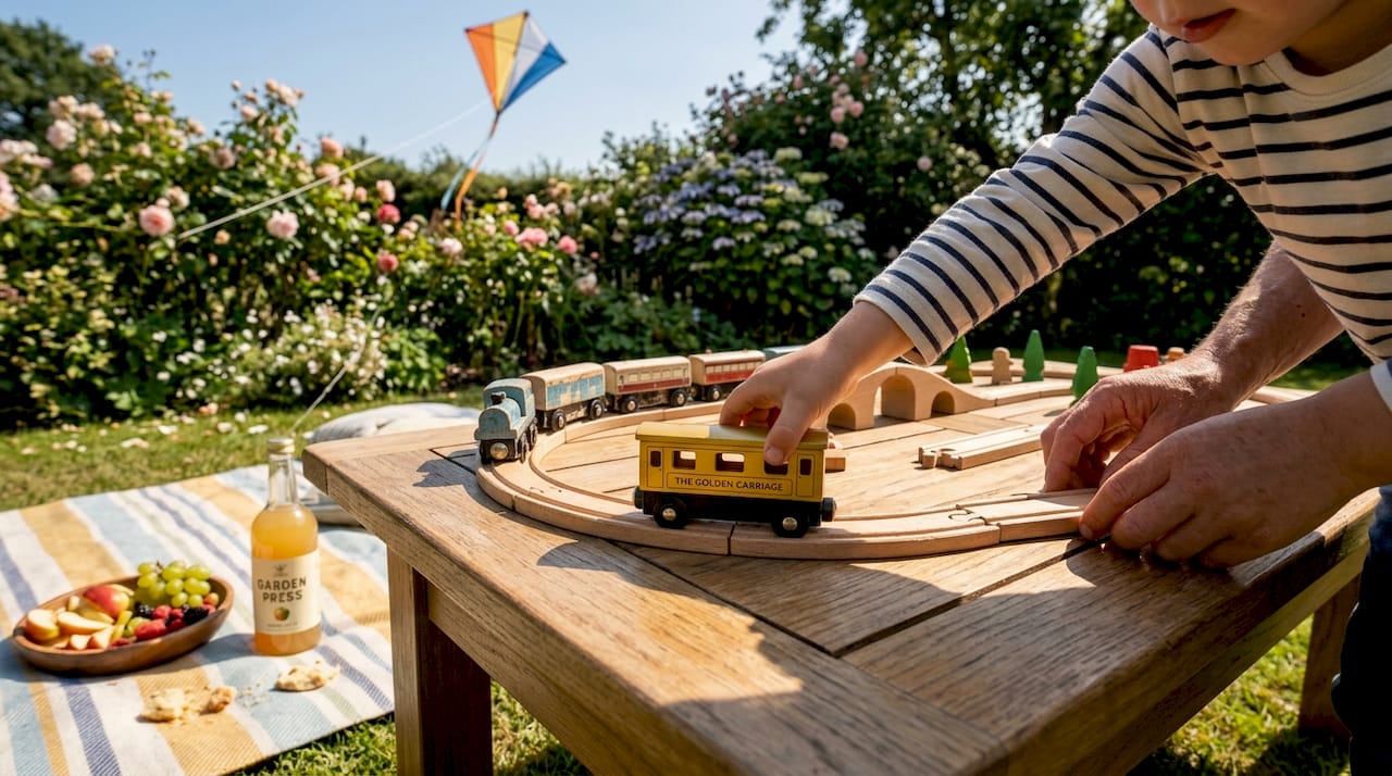 Well used wooden toy train set reused