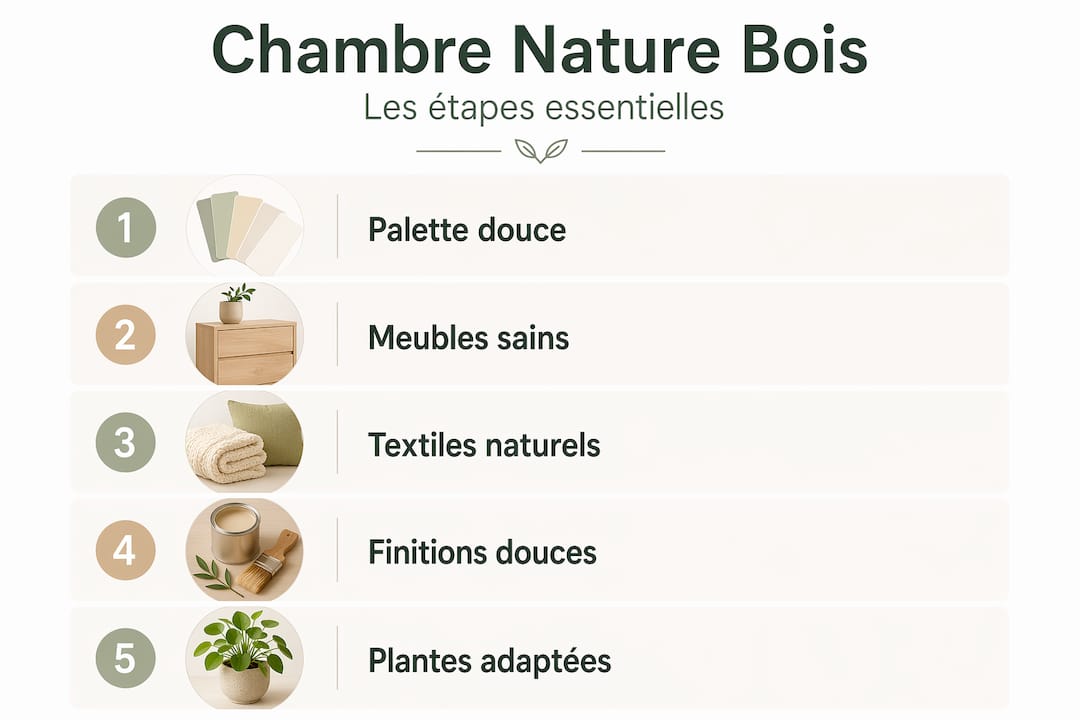 Infographie : les étapes pour créer une chambre à l’ambiance naturelle et boisée