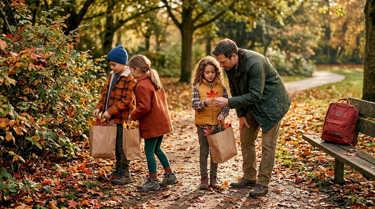 Une famille profite d’une balade en forêt pour ramasser des feuilles tombées, partageant un moment convivial en pleine nature.