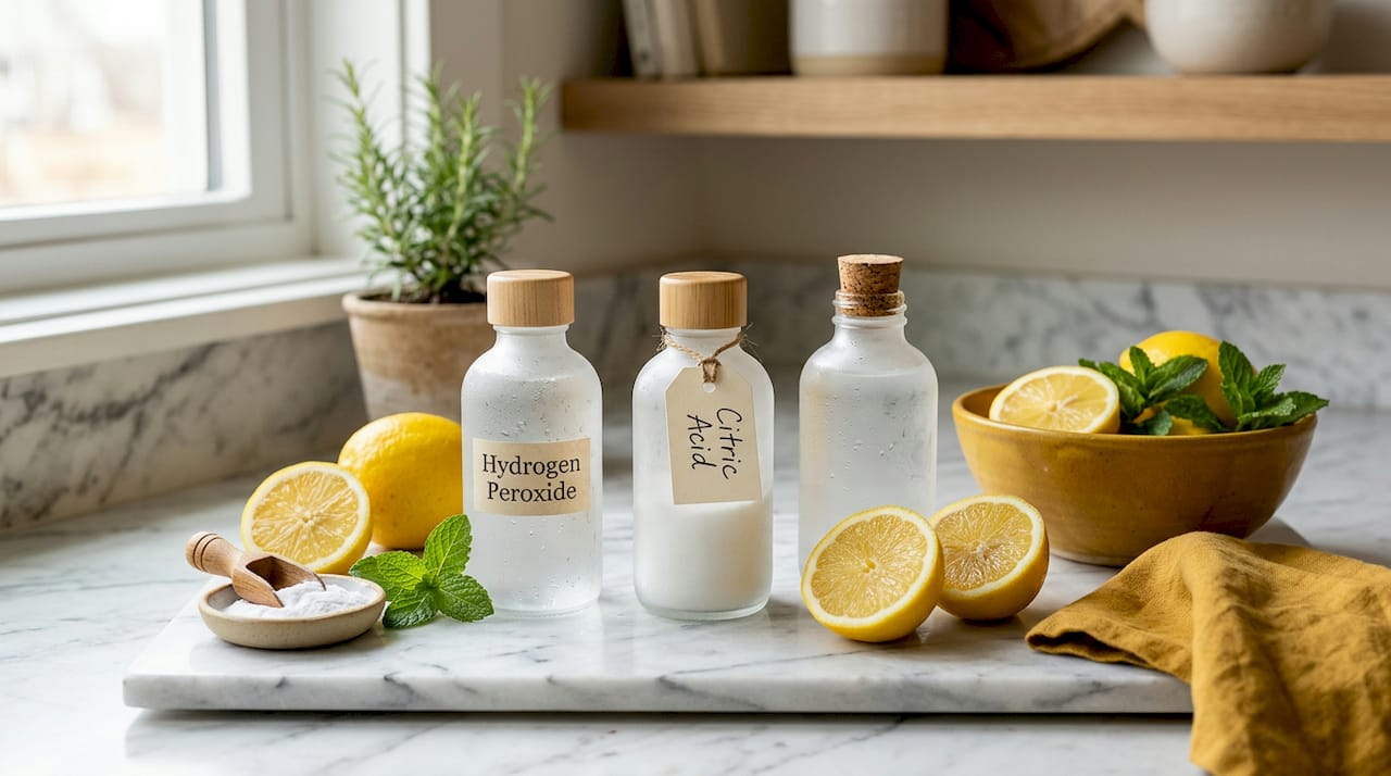 Close-up of eco disinfectant ingredients on countertop