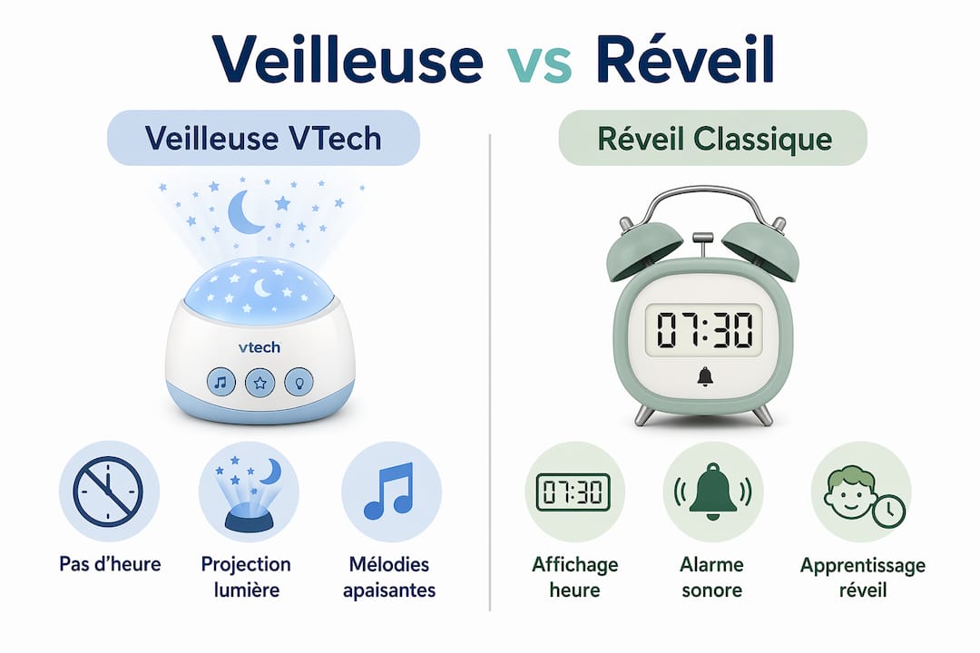 Infographie : le match entre la veilleuse VTech et le réveil classique