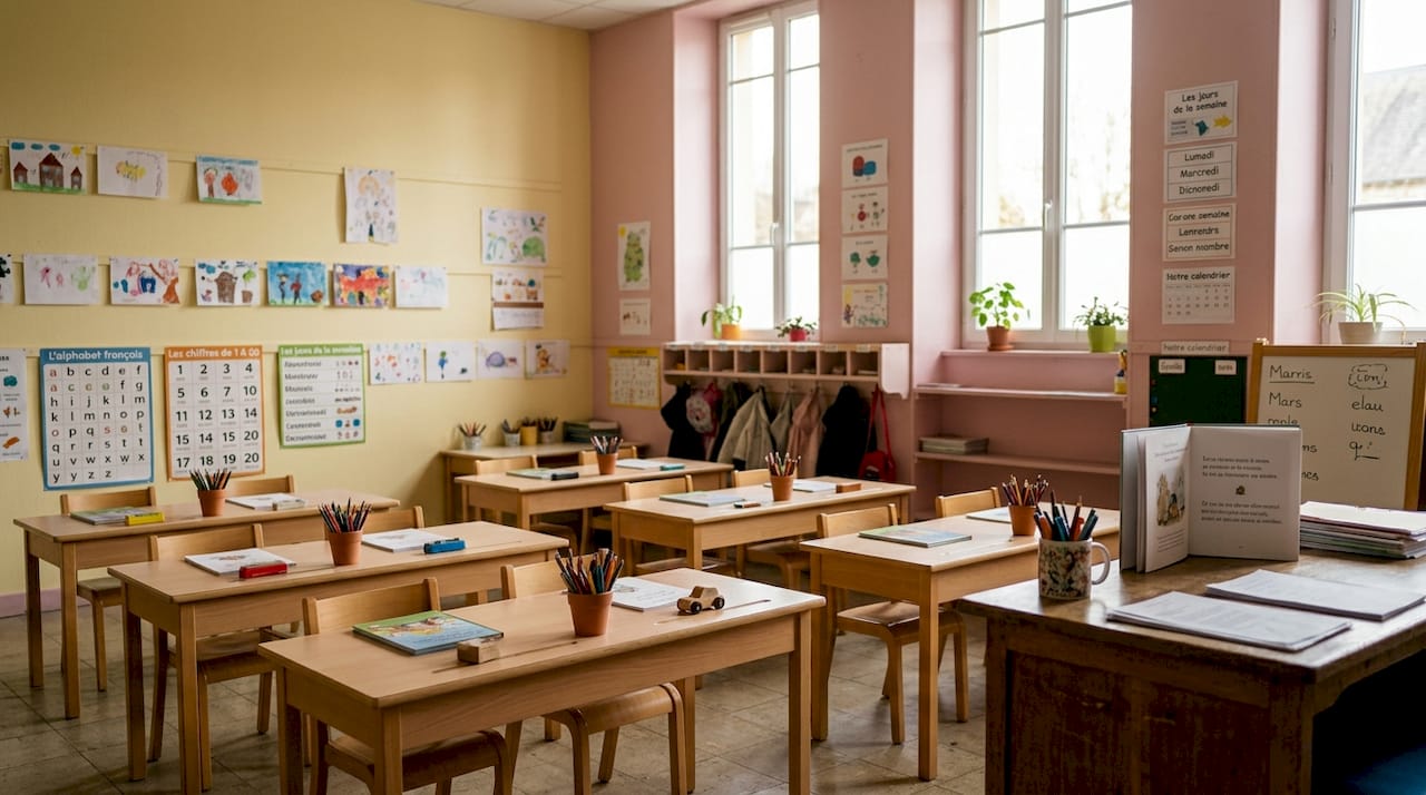 Une salle de classe à l’ambiance douce, décorée dans des tons pastel