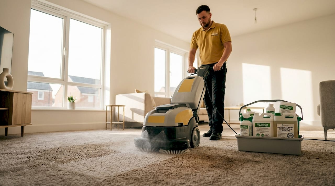 Low moisture encapsulation carpet cleaning in progress