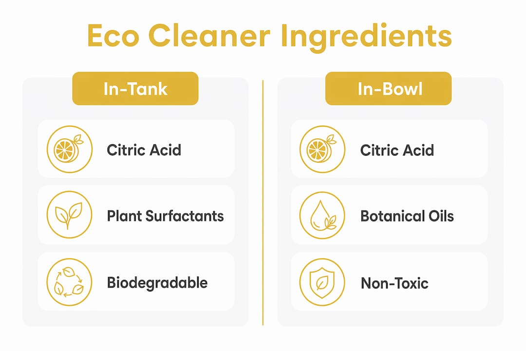 Infographic comparing in-tank and in-bowl eco cleaner ingredients