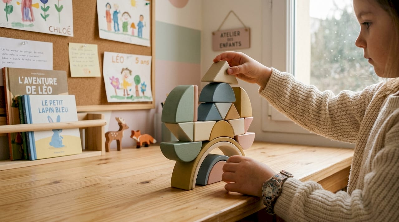 Jeu d’éveil en bois composé de blocs aux couleurs vives