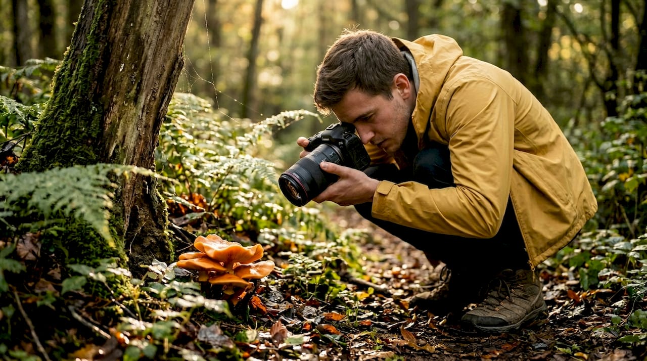 Macro photographer capturing forest mushrooms detail