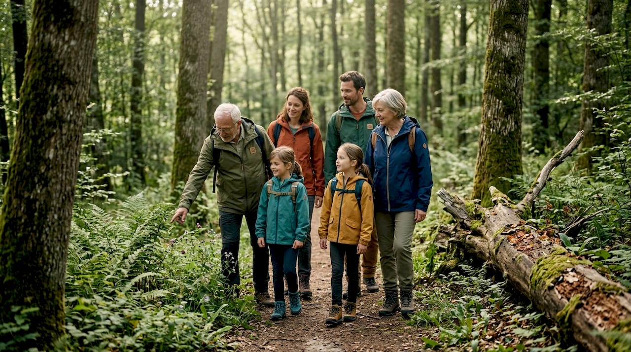 Family hiking together on forest trail
