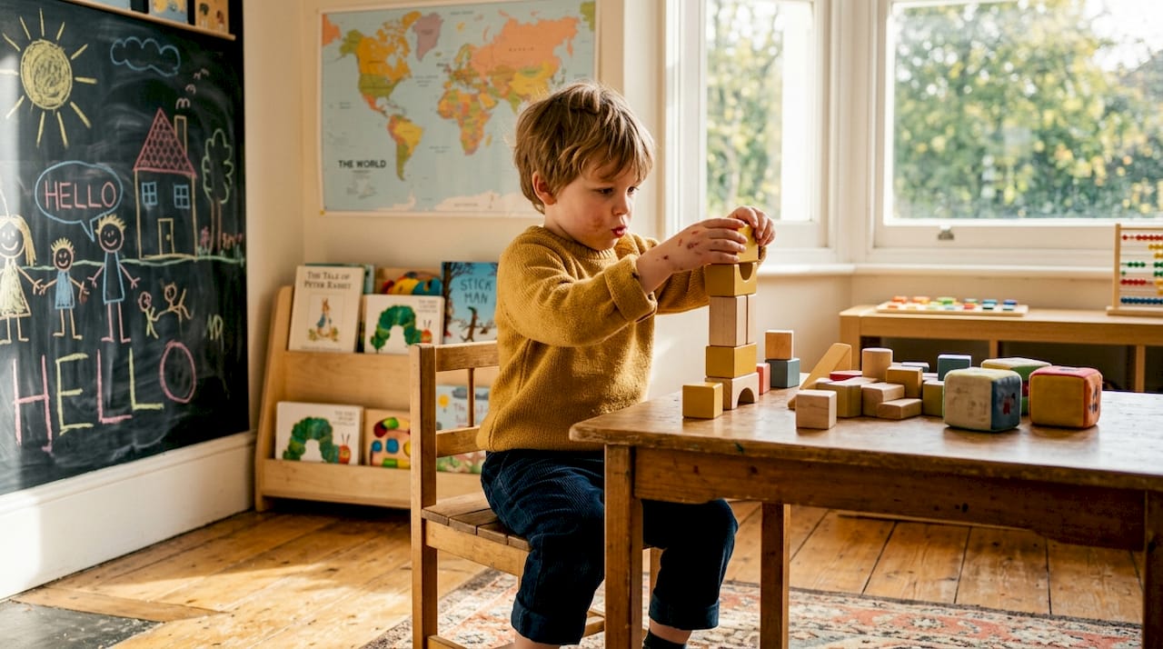 Child stacking blocks in an educational playroom