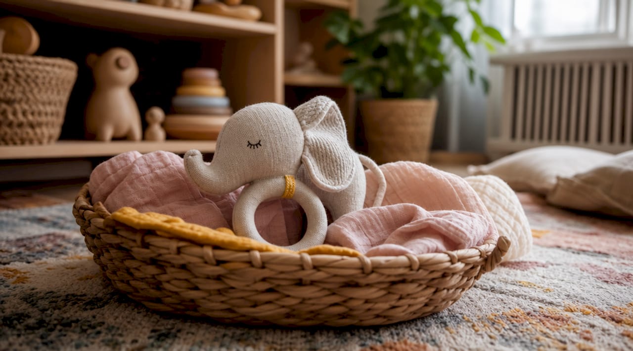 Close-up of organic cotton elephant baby rattle