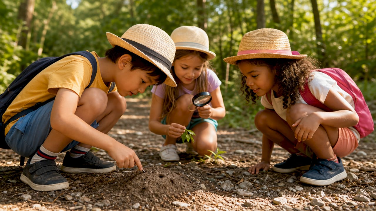 Des enfants participent à une chasse aux trésors nature au cœur d’une clairière.