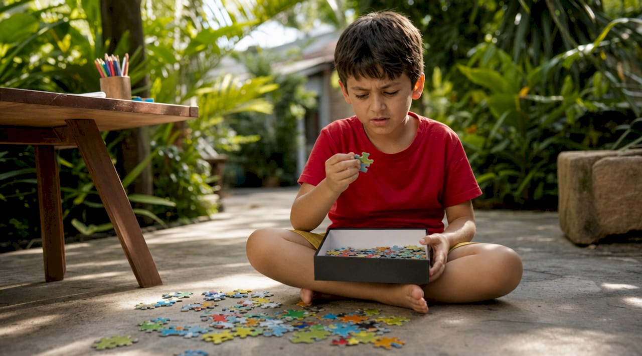 Young boy concentrating on puzzle pieces