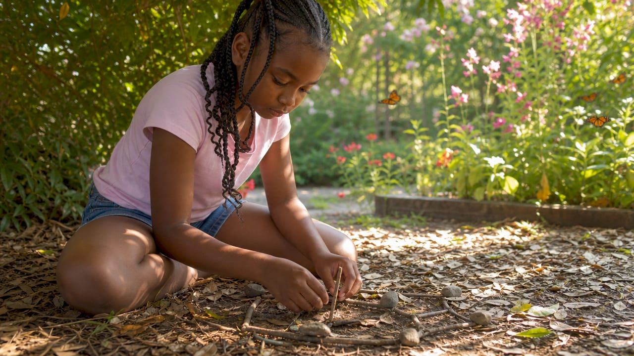 Une petite fille pleine d’imagination qui invente des jeux en pleine nature.