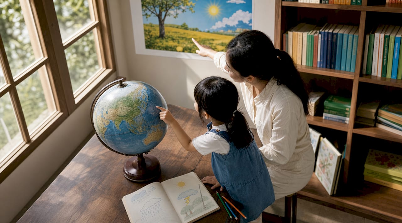 Un élève et son enseignant explorent ensemble un globe terrestre en classe.
