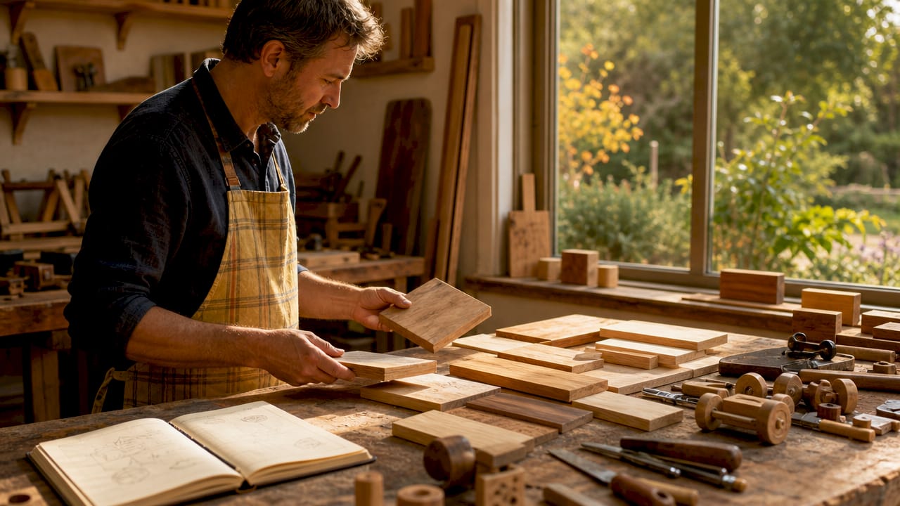 Craftsman's hands selecting hardwood wood samples
