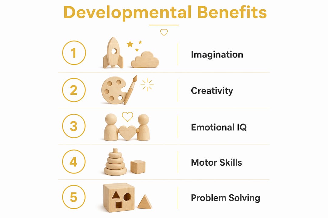 Infographic showing developmental stages supported by wooden toys