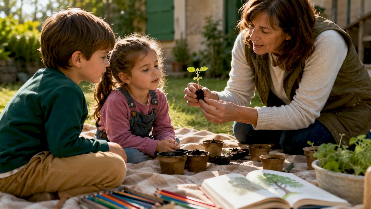 Des enfants apprennent à rempoter de jeunes plants aux côtés de leur enseignante, lors d’un atelier ludique organisé en classe.