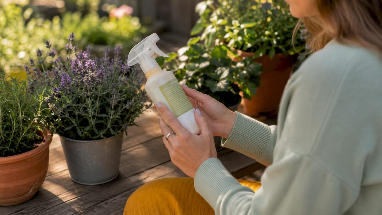 Hands reading eco friendly cleaner ingredients