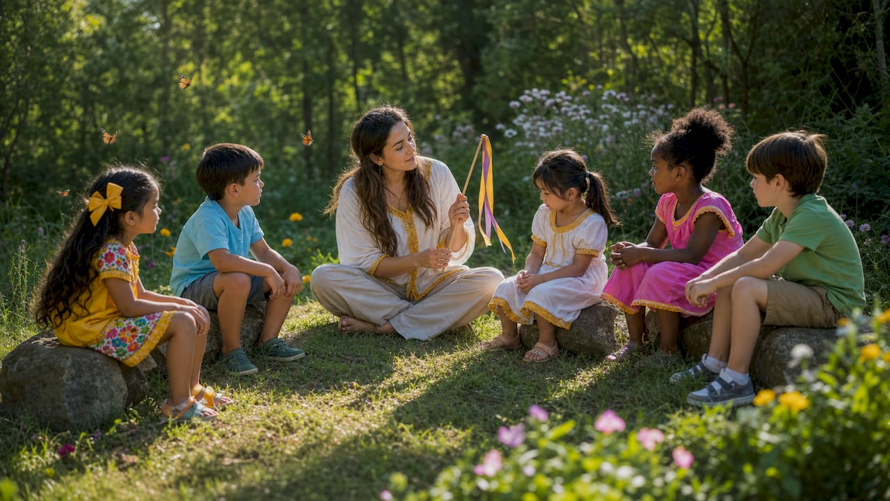 Adult guiding children in outdoor storytelling game
