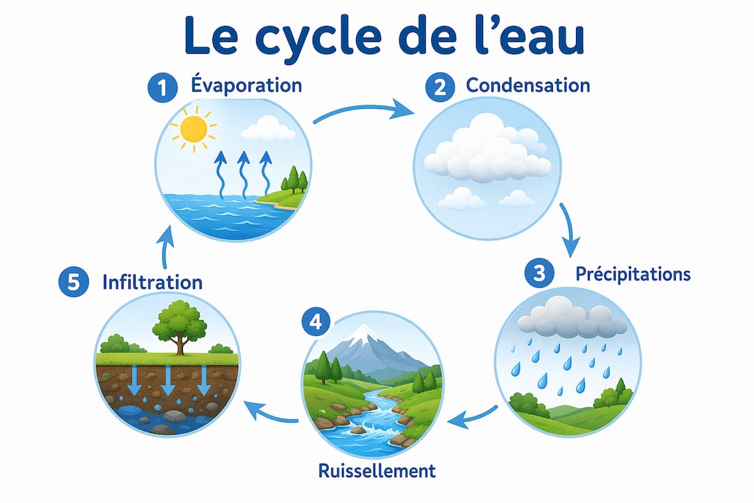 Illustration ludique des différentes étapes du cycle de l’eau, conçue pour les enfants