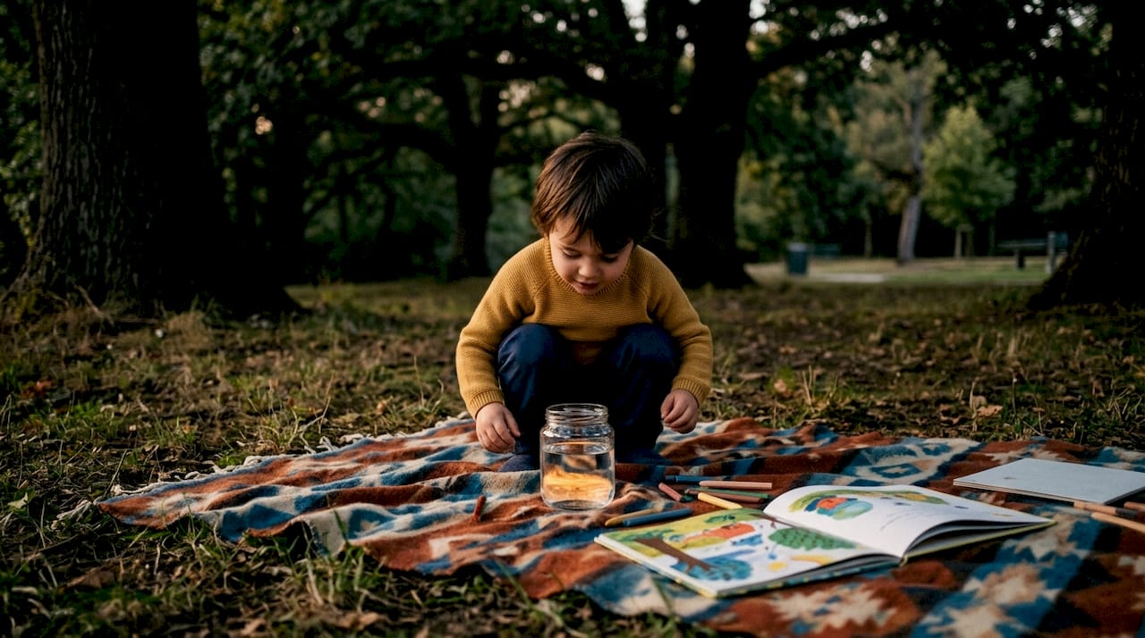 Un enfant observe comment l’eau d’un bocal posé dehors s’évapore sous l’effet du soleil.