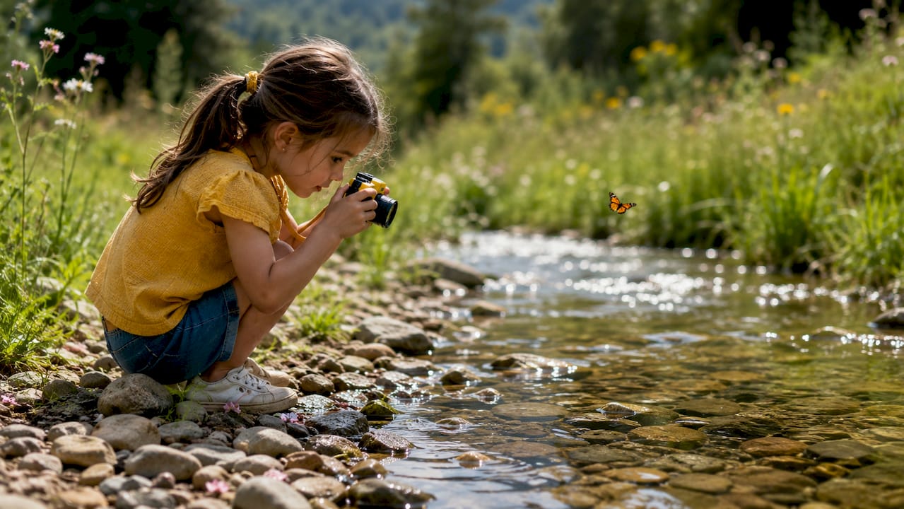 Child photographing stream during morning exploration