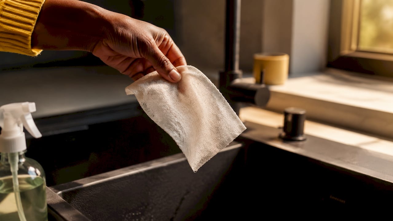 Close-up of hand holding eco disinfectant wipe