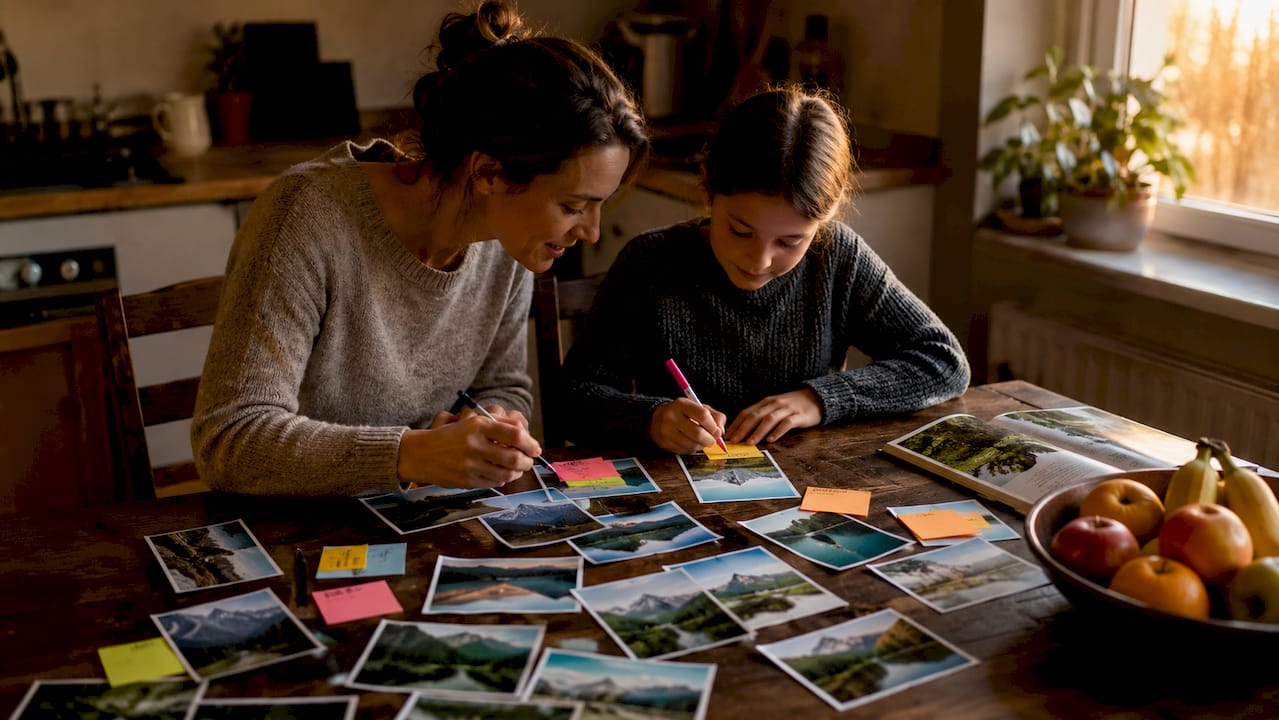 Des mains feuilletant un album de photos de paysages