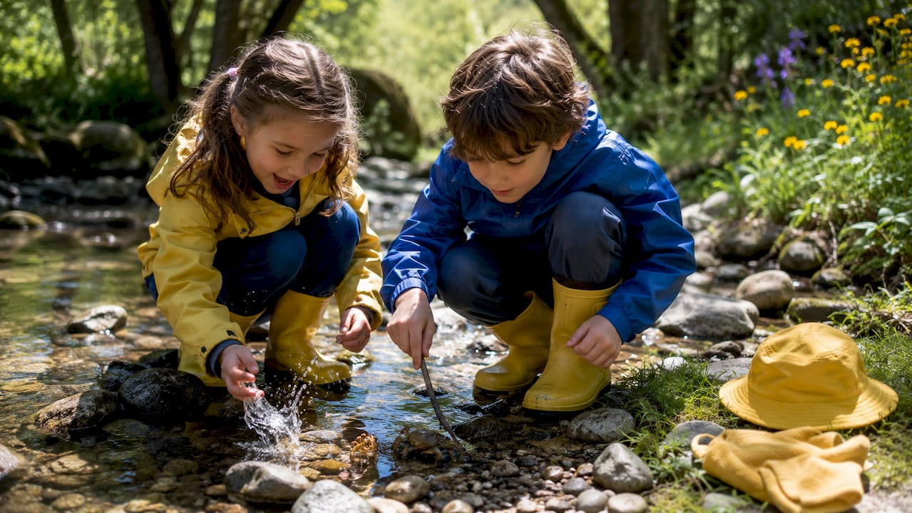 Children exploring forest floor in outdoor clothes