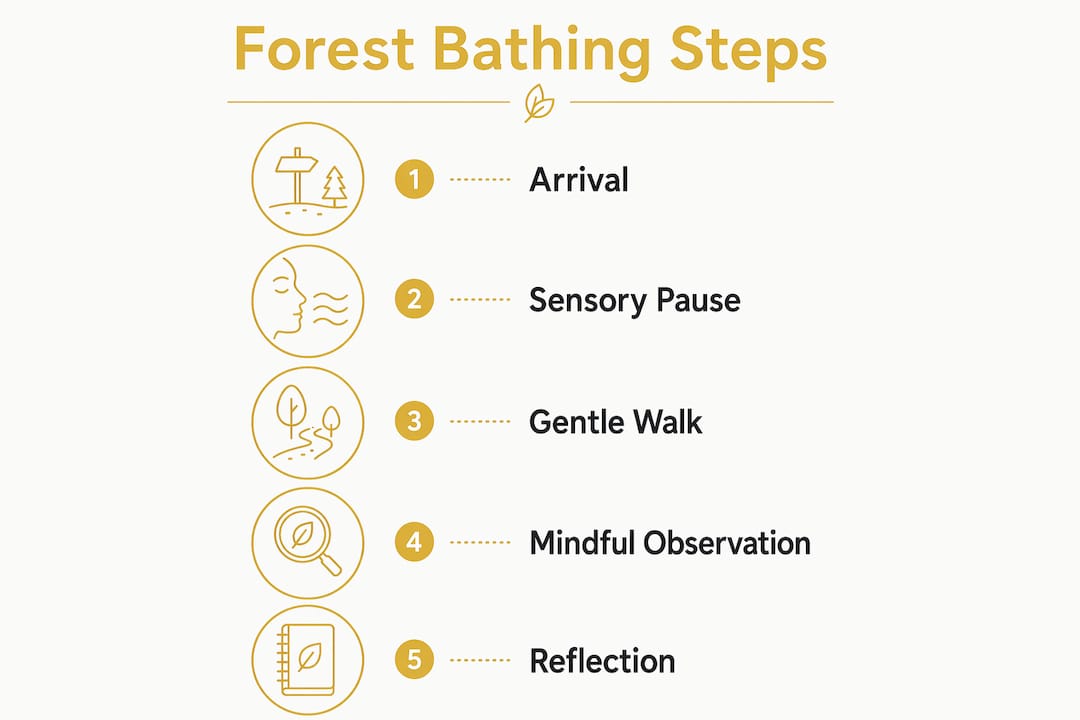 Infographic showing forest bathing steps for families