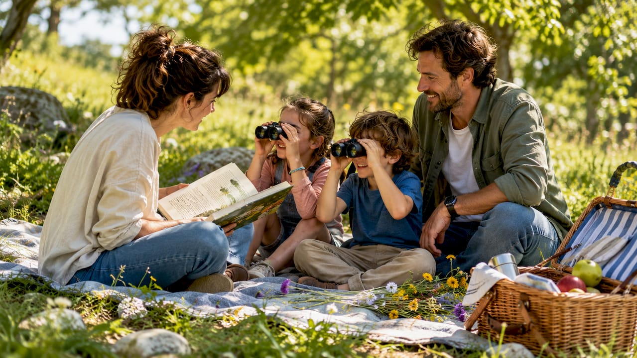 Un moment de lecture en famille, au grand air, installé au cœur d’une clairière en forêt.