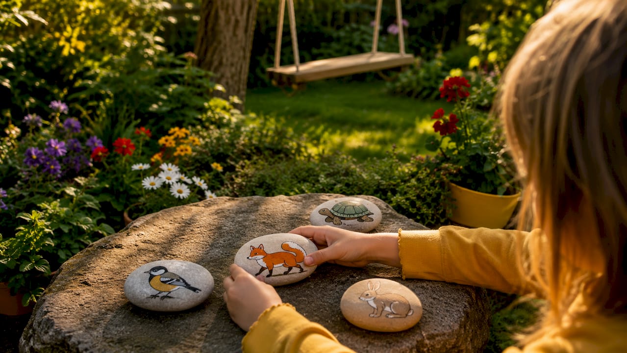 Close-up of hand reaching for painted animal stones