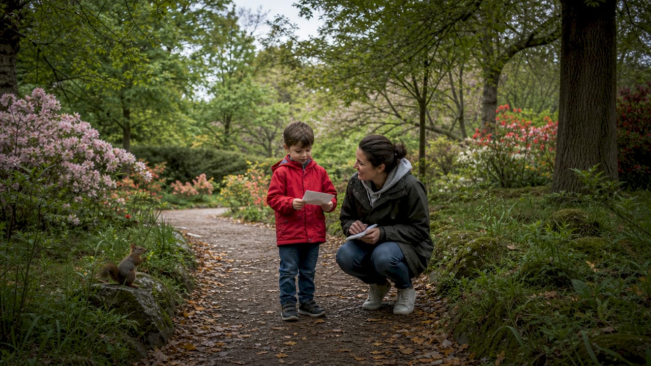 Un enfant essaie de s’orienter avec un plan dans un parc.