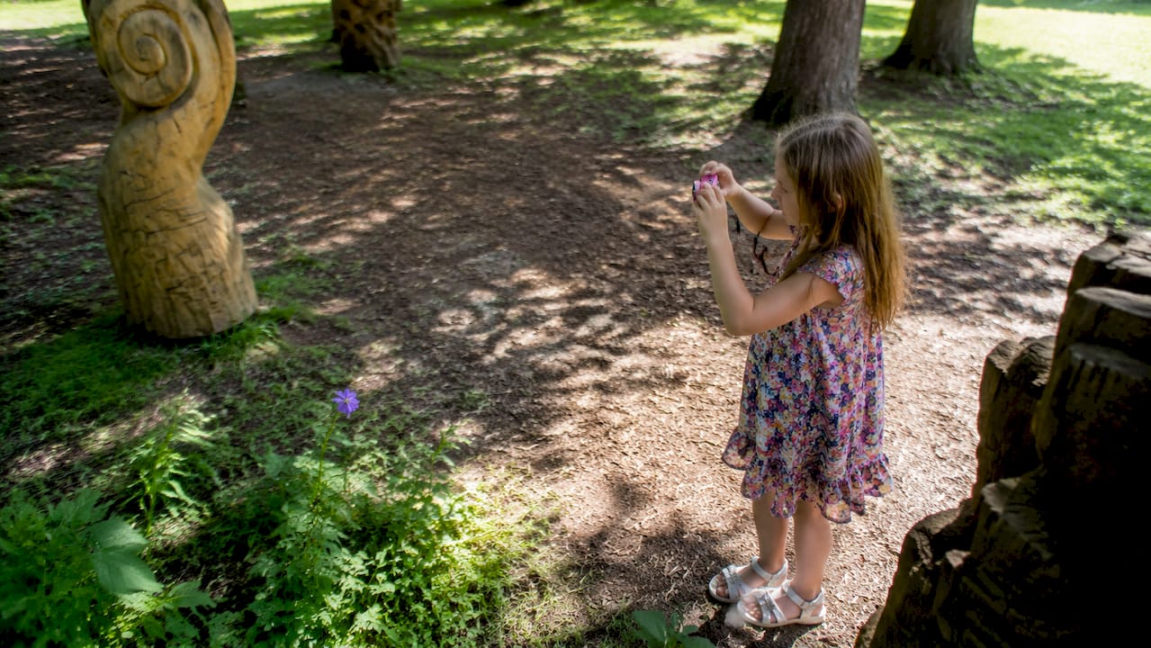 Une jeune fille s'amuse à photographier une fleur au cœur d'un jardin fleuri.
