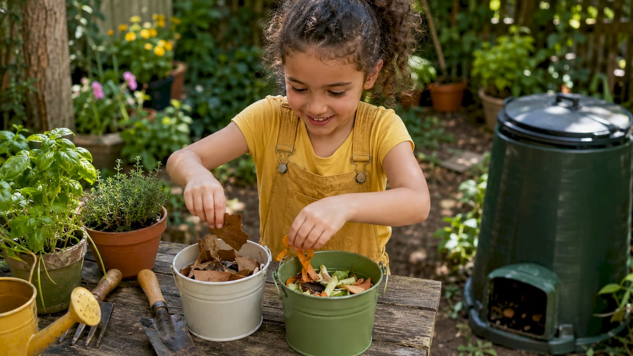 Young girl sorting compost waste in kitchen buckets