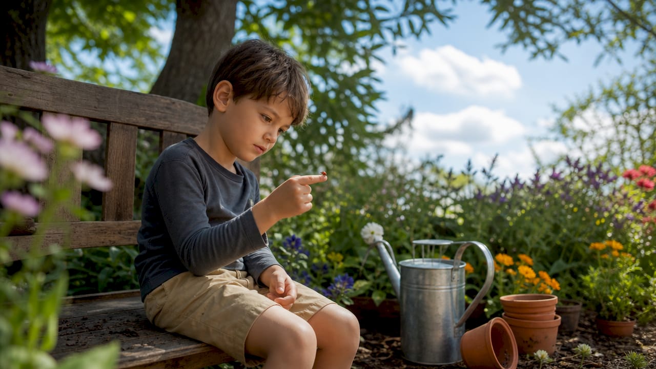 Un petit garçon observe attentivement les insectes qui se promènent dans le jardin.