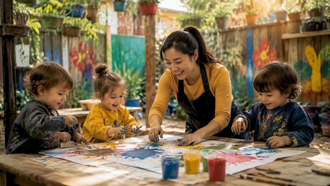 Educator assisting toddler with finger painting